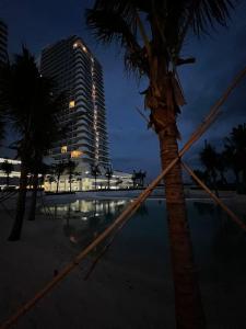 a palm tree and a tall building at night at Haldis Suites in San Fernando