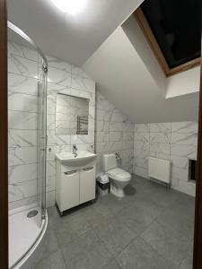 利維夫的住宿－Hotel Rover，浴室配有卫生间、盥洗盆和淋浴。