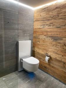 a bathroom with a toilet and a wooden wall at Bijou in den Bergen in Disentis
