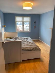 una camera da letto con pareti blu e un letto con finestra di Bijou in den Bergen a Disentis