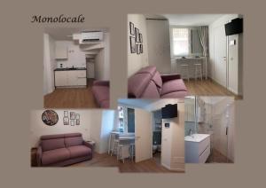 trois photos d'un salon et d'une cuisine dans l'établissement Casa di Cìì, à Porto San Giorgio