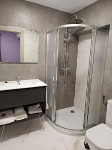 a bathroom with a shower and a sink at Hostal Platerías in León