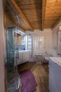 uma casa de banho com um chuveiro, um lavatório e um WC. em Casa Adelina nel Centro dei Sassi em Matera