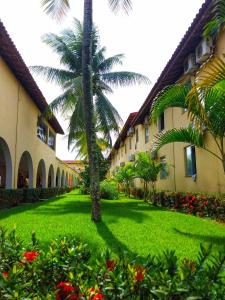 a courtyard with a palm tree and a building at JL Temporadas q 222 PortobelloPark in Porto Seguro