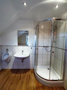 a bathroom with a shower and a sink and a toilet at Neue moderne ganze 90 qm² Ferienwohnung Berta in Brilon Madfeld in Brilon