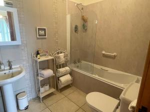 y baño con ducha, bañera y lavamanos. en Glendine Country House Wexford, en Wexford