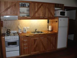 uma cozinha com armários de madeira, um fogão e um lavatório em Casa en el bosque de Puerto Manzano em Villa La Angostura