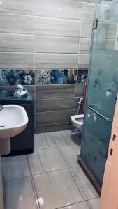 La salle de bains est pourvue d'une douche, d'un lavabo et de toilettes. dans l'établissement القاهره, au Caire