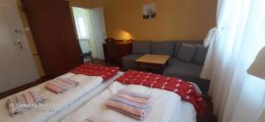 salon z 2 łóżkami i kanapą w obiekcie Słoneczko w mieście Karpacz