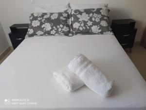 1 cama con 2 almohadas y 2 toallas blancas en Condominio, Bello Horizonte Plaza, Santa Marta., en Santa Marta
