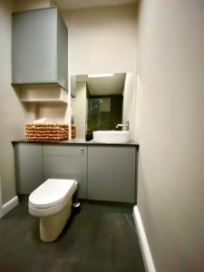 a bathroom with a white toilet and a sink at The Hideaway - York in York