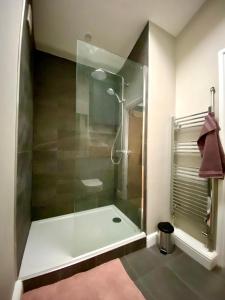 een douche met een glazen deur in de badkamer bij The Hideaway - York in York