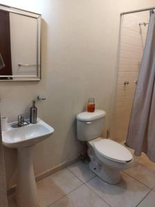 La salle de bains est pourvue de toilettes blanches et d'un lavabo. dans l'établissement Casa totalmente nueva,2 cuartos 2 baños -Muy Segura, à Colima