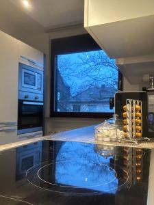 a kitchen with a tv and a glass counter top at Wohlfühl-OASE mit XXL Balkon in Wetter