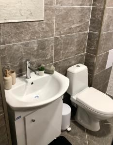 La salle de bains est pourvue d'un lavabo blanc et de toilettes. dans l'établissement Luxury apartment 2 Free Underground Parking, à Pazardjik