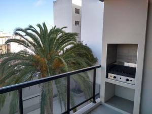 una palmera en un balcón con parrilla en Hermoso departamento zona Guemes en Mar del Plata