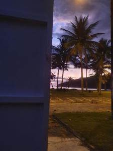 um edifício azul com palmeiras ao fundo em Pé na Areia Sons do Mar no Guarujá