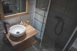 een badkamer met een wastafel en een douche bij Bélya in Le Vauclin