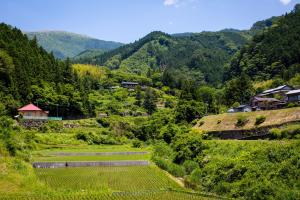 a view of a valley with mountains and houses at Washi Studio Kamikoya in Yusuhara