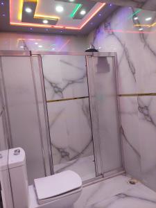 een witte badkamer met een toilet en een douche bij Excellnt esenyurt vip in Esenyurt