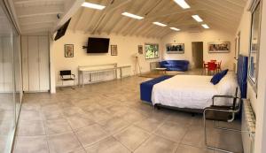 Habitación grande con cama y TV. en ALOJAMIENTOS PATAGONICOSEl Estudio VLA en Villa La Angostura