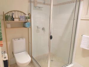 a shower stall in a bathroom with a toilet at Cosy Haven For Females Only or Females & Child/ren in Brisbane