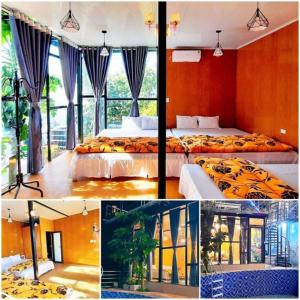 eine Collage mit drei Bildern eines Schlafzimmers mit zwei Betten in der Unterkunft Daisy Homestay Tam Dao - Venuestay in Vĩnh Phúc