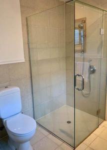 een badkamer met een toilet en een glazen douche bij Luxury Beach Guest House in Papamoa