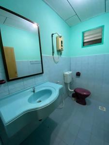 a bathroom with a sink and a toilet and a mirror at PANGKOR PURNAMA CHALET in Pangkor