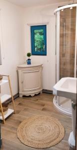 a bathroom with a sink and a shower and a rug at La cressonnière maison vue sur étang avec bain finlandais in La Rivière Saint Sauveur