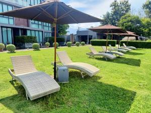 une rangée de chaises et de parasols dans une cour dans l'établissement Zensala Riverpark Resort-SHA Extra Plus, à Chiang Mai