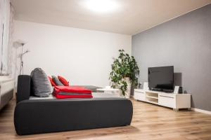 a living room with a black bed and a tv at Apartma Tia 2 in Zreče
