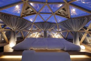 uma cama num quarto com um tecto azul em ISUMI Glamping Resort ＆Spa SOLAS em Isumi