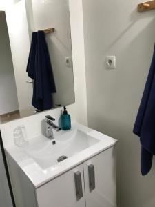 een badkamer met een witte wastafel en een spiegel bij Le Studio Cosy II - Sainte Clotilde in Saint-Denis