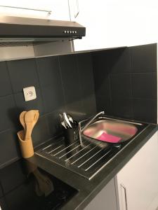 a kitchen sink with a pink lid in a kitchen at Le Studio Cosy II - Sainte Clotilde in Saint-Denis