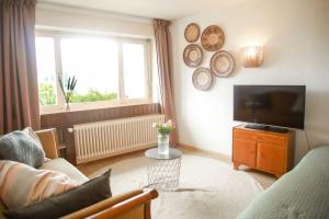 ein Wohnzimmer mit einem Sofa und einem TV in der Unterkunft Charming Vinyard House - Lake Geneva in Mont-sur-Rolle
