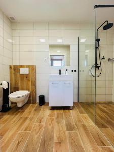 uma casa de banho com um WC, um lavatório e um chuveiro em V ulicke em Kežmarok