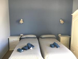 Dos camas en una habitación con almohadas azules. en Azienda agricola Crilù en Milazzo