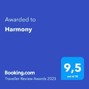 Certifikát, ocenenie alebo iný dokument vystavený v ubytovaní Harmony