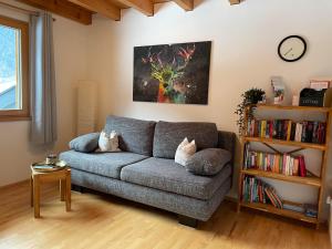 - un salon avec un canapé et une étagère à livres dans l'établissement Appartement Carola, à Sankt Gallenkirch