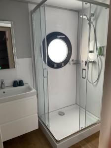 a bathroom with a shower with a mirror and a sink at Waidlerland Hausboot 1 in Waldkirchen