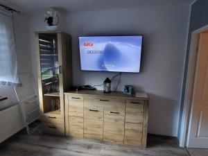 a flat screen tv on a wall with a wooden dresser at Apartament Leon in Wałbrzych