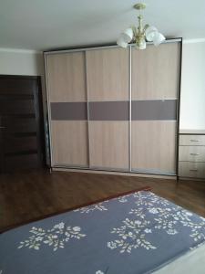 a bedroom with a large sliding door with a rug at Апартаменти Буча ЖК Центральний in Bucha