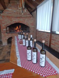 a group of wine bottles sitting on a table with a fireplace at Ruralna kuća za odmor Klet Karas in Kozarevac