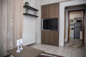 uma sala de estar com televisão na parede em Fobillo Apartment at Charilaou em Tessalônica