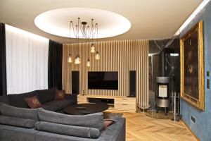 a living room with a couch and a tv at Mama's Design & Boutique Hotel in Bratislava