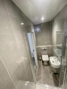 a bathroom with a shower and a toilet and a sink at Top Twenty Bed and Breakfast in Windsor