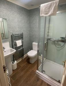 W łazience znajduje się prysznic, toaleta i umywalka. w obiekcie River View Knockraich Farm w mieście Fintry