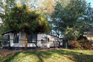 una pequeña casa blanca con un árbol en el patio en Luxe omheind chalet op vakantiepark met zwembad, en Schoonebeek