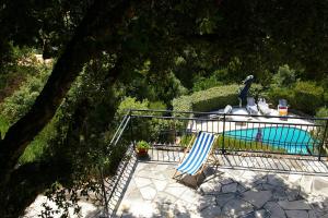 uma piscina com uma cadeira e um pássaro sentado em cima em Micaes - maison avec piscine privée em Roquebrune-sur-Argens